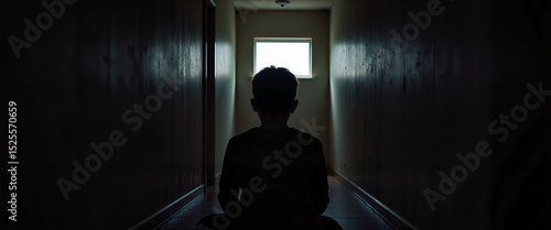 Lonely boy sitting in dim hallway, exploring solitude