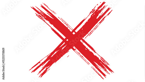 Red brush stroke x mark on white background created with rough artistic strokes and visible texture detail