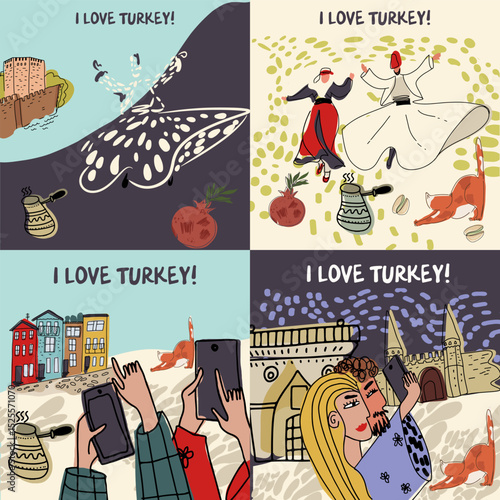 Cards set, invitations, couple walking, sightseeing in Turkey, Istanbul, childish style, hand drawn, line drawing, texture. Vector illustrations.