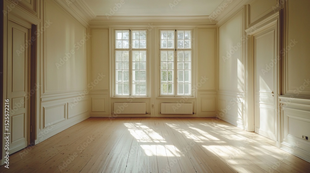 Obraz premium Sunlit empty room with hardwood floors, tall windows, and classic molding