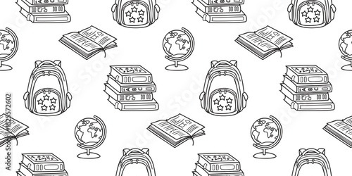 School backpack and textbooks seamless pattern. Linear art background with books, globe and rucksack. Black and white print on fabric and paper. Vector graphic design for textile, wallpaper, backdrop.