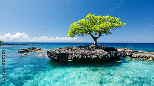 Tropical Island Tree on Rocky Outcrop