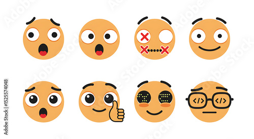  Vector pack of emoticons showing various tech-related emotions: surprise, error, success, coding face.