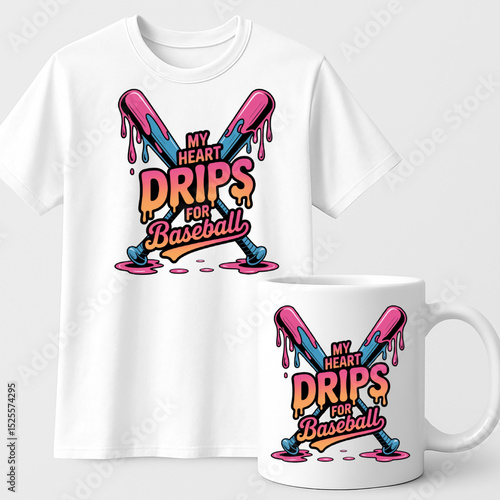 My Heart Drips for Baseball – Colorful Drip Style Sports Design with Crossed Bats for T-shirts and Mugs

