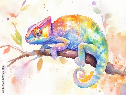 Bright and colorful watercolor chameleon with a rainbow body resting on a tree branch, surrounded by playful leaves and splashes.
