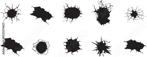 Dynamic collection of black crack and shattered hole effects, illustrating impact, damage, and destruction, perfect for grunge textures, broken glass simulations, and distressed design elements.
