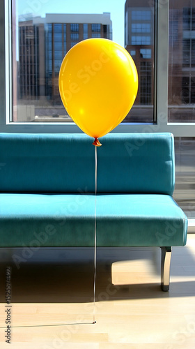 Yellow balloon on teal couch, city view
