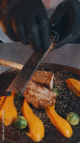 close up presentation design of dish with meat at Michelin restaurant. slow motion chef laying out greens spices sauce decorations modern fine cuisine. haute cuisine establishments. blurred background