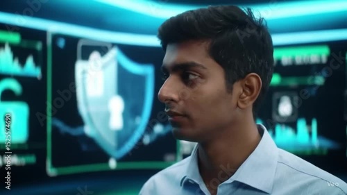 Cybersecurity Specialist Working in High-Tech Control Room with Holographic Security Systems