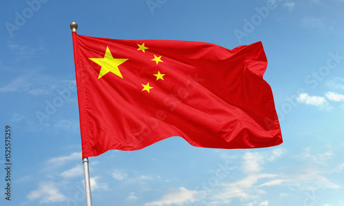 Chinese national flag waving on clear blue sky background