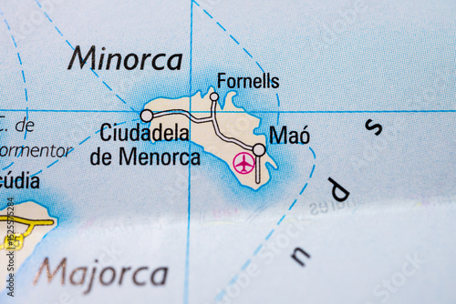 Fotografie Detailed map of Minorca with cities and airport.