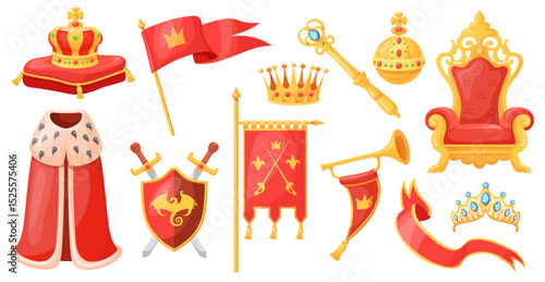 Monarchy attributes. King or queen coronation staff, golden crown scepter orb royal throne ceremonial pillow royalty robe fanfare luxury gold award cartoon neat vector illustration
