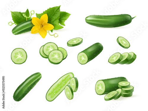 Realistic cucumber. 3d cucumbers half cut slice plant with leaf, fresh vegetable farm organic healthy food salad ingredient green vegetables isolated exact vector illustration