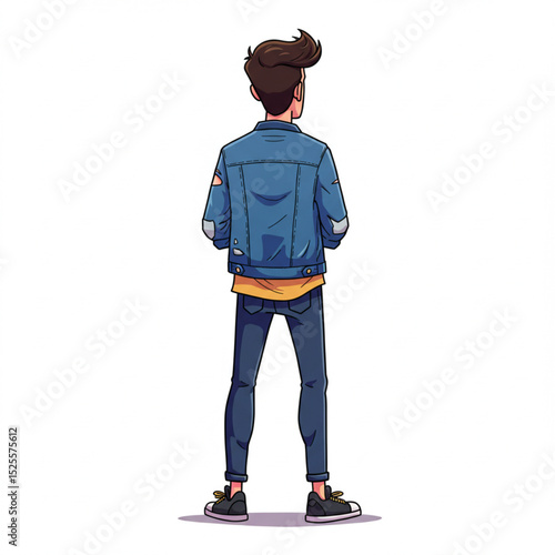 Hipster Cartoon Guy Standing with Hands Behind Back Rear View Vector Illustration
