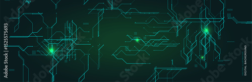 Futuristic digital background with glowing lines and circuit elements. Ideal for technology, data, and cybersecurity themes. Hightech style with green light abstract design. Vector illustration
