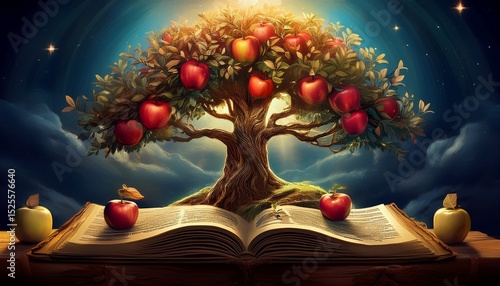 digital painting of a tree with apples on it sitting on an open bible representing the tree of the knowledge of good and evil from the book of genesis
