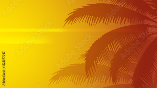 Sunset summer background, simple illustration banner of overlay silhouette coconut palm tress on a bright afternoon with empty  space
