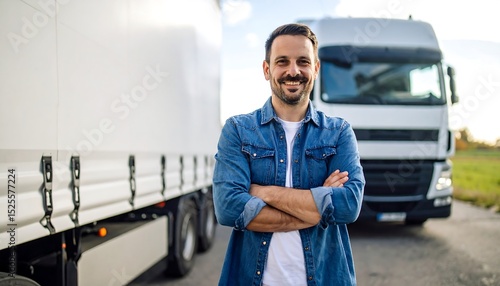 Smiling truck driver in front of a white semi-truck