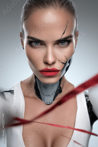 This close-up portrait showcases a female-like robot with realistic skin on her face and head, created by ai