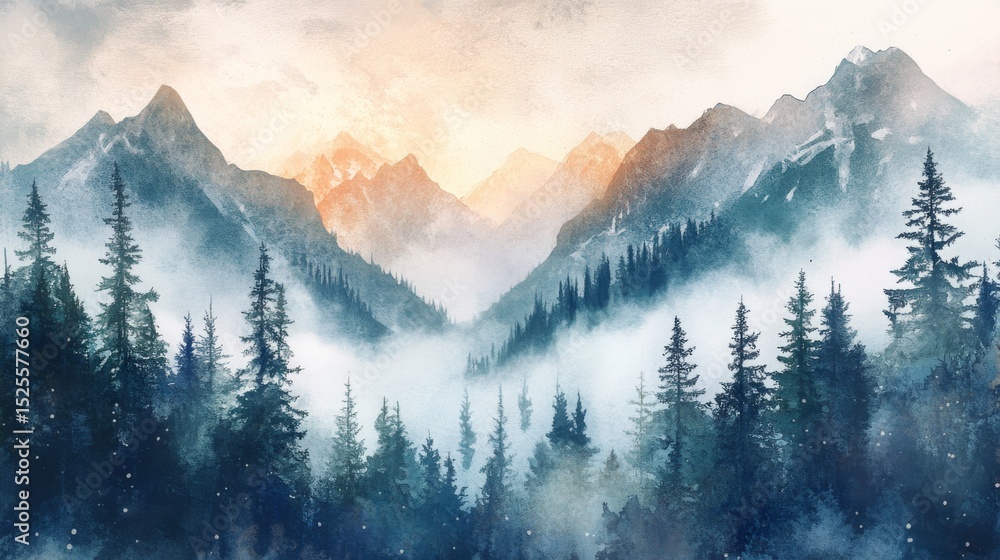 Obraz premium Sunrise over misty pine forest mountains 