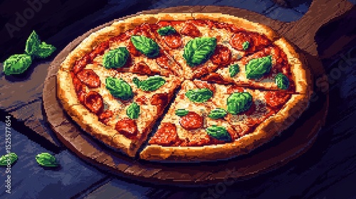 Pixelated depiction of a freshly baked pizza with various toppings and a crispy crust. 
