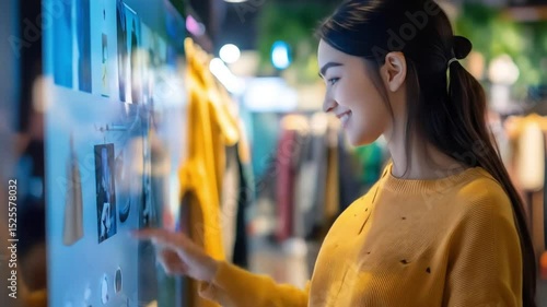 Woman using interactive touch screen display for shopping in clothing store modern retail experience