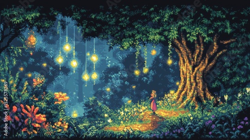 Pixelated depiction of a mystical forest inhabited by fairies, glowing plants, and ancient trees