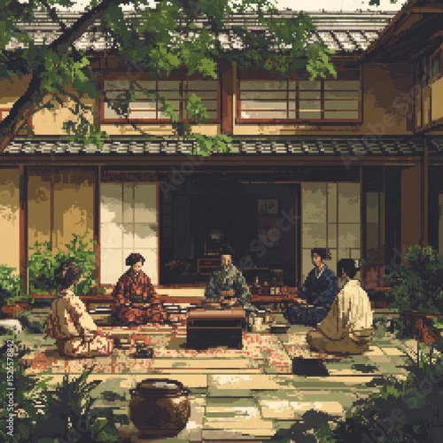 Pixelated depiction of a traditional Japanese tea ceremony with participants in kimonos.