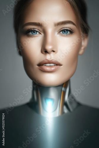 This close-up portrait showcases a female-like robot with realistic skin on her face and head, created by ai