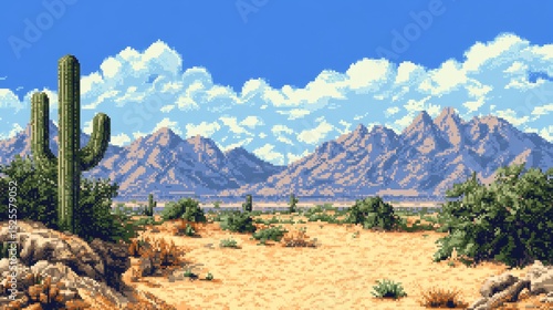 Pixelated desert landscape featuring rolling sand dunes, cacti, and a clear blue sky