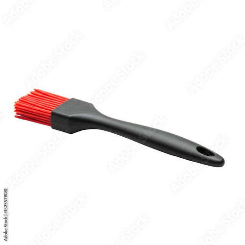 Brand new vibrant red silicone basting brush with matte black handle, 3/4 angle, studio shot on transparent seamless cyclorama background, macro lens effect, product photography concept for