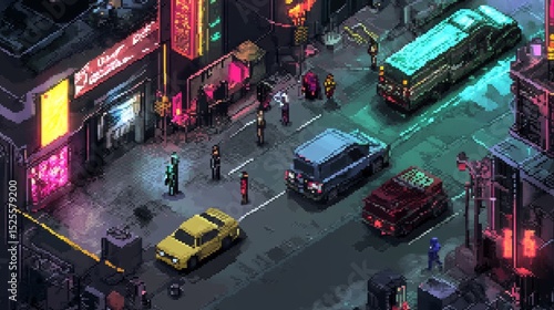 City street scene with neon lights and various vehicles at night in an urban area