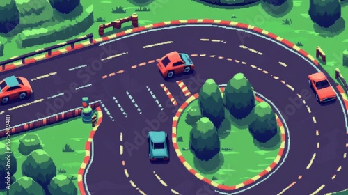 Pixelated representation of a racing game track with sharp turns, speed boosts, and competing cars.