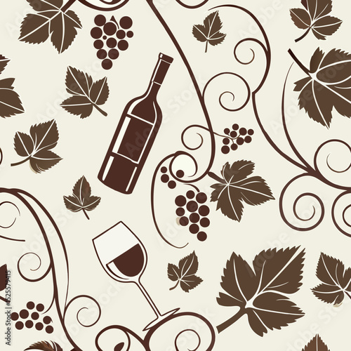Seamless wine pattern with bottle, glass, and grapevine design  