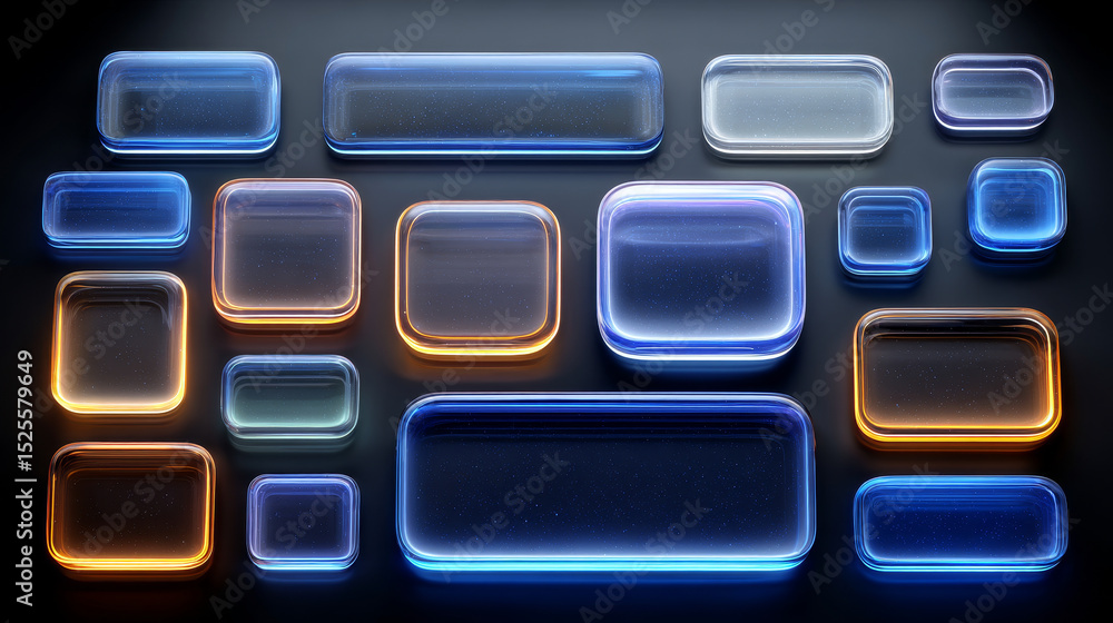 Neon glass frame collection with luminescent geometric elements - blue translucent shapes with radiant borders on dark backdrop. Various rectangle, circle and rounded designs with glowing edges. Neon glass frame collection with luminescent geometric elements - blue translucent shapes with radiant borders on dark backdrop. Various rectangle, circle and rounded designs with glowing edges.