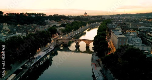 Golden Sunset Aerial Over Rome’s Old Town: Stunning Drone Views of Domes, Churches, Cathedrals, River Tiber, and Ancient Bridges