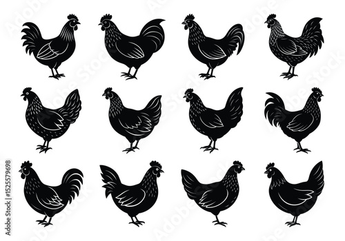Hen or chicken, rooster and chicks silhouette set. hen, rooster and chicks isolated farm animal silhouette icon vector collection