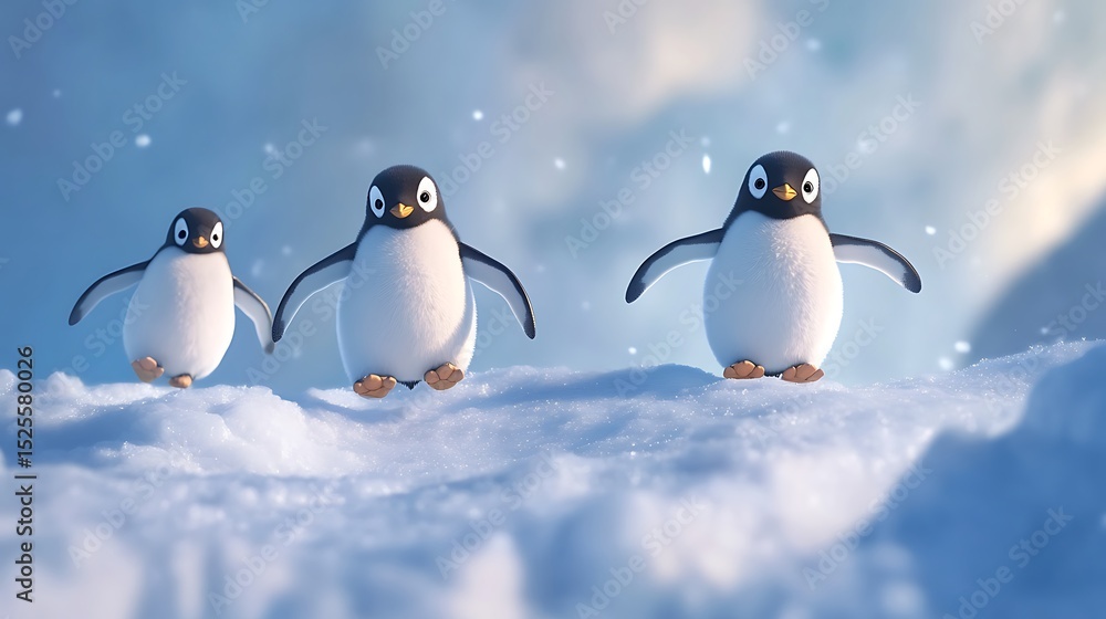 Obraz premium A family of penguins sliding on ice in the Arctic