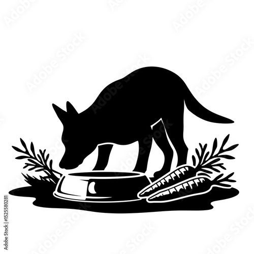 Silhouette of dog eating from bowl with carrots and herbs, wholesome nutrition