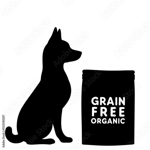 Silhouette of dog beside grain-free organic bag, pet nutrition health concept