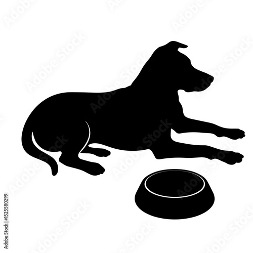 Dog silhouette relaxing beside food dish, satisfaction and routine