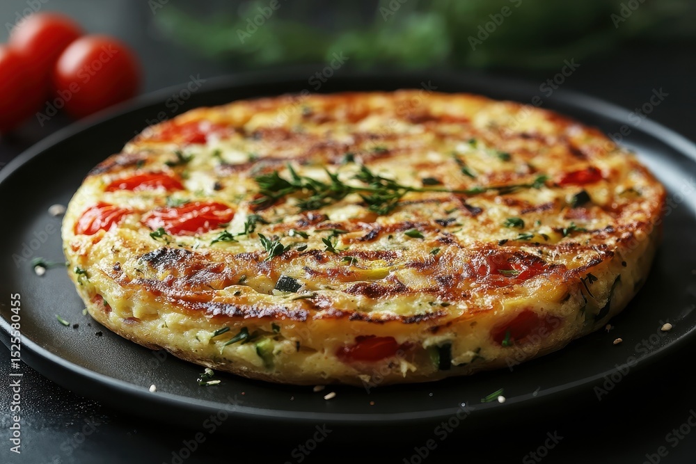 Savory tomato and zucchini frittata in cast iron pan displayed on wooden board at kitchen table Savory tomato and zucchini frittata in cast iron pan displayed on wooden board at kitchen table