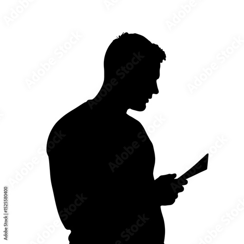 Silhouette of person reading document on white background, business agreement review