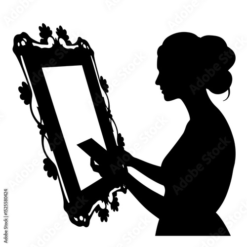 Silhouette of woman placing note into ornate frame, elegant wedding decor tribute