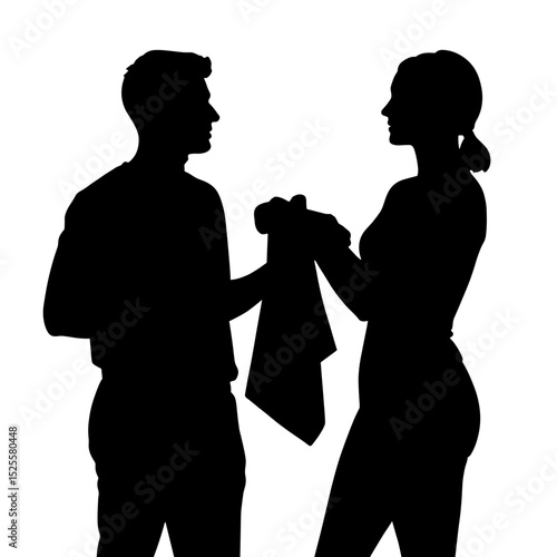 Silhouette of people exchanging towels on white background, hospitality service concept