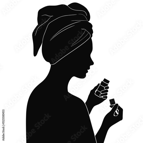 Silhouette of woman reading supplement label, self-care wellness routine, black and white