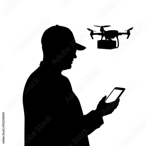 Silhouette of person controlling drone with tablet, remote delivery technology
