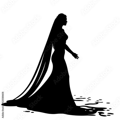 Silhouette of bride with veil on white background, wedding anticipation emotion