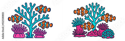 Colorful coral reef with clownfish swimming nearby in a vibrant underwater habitat