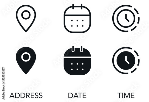 Address location icon. Stopwatch timer icon. Date Calendar icon - Web icons set